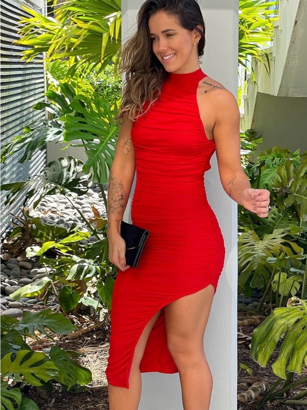 Sleeveless Red Ruched Asymmetrical Dress